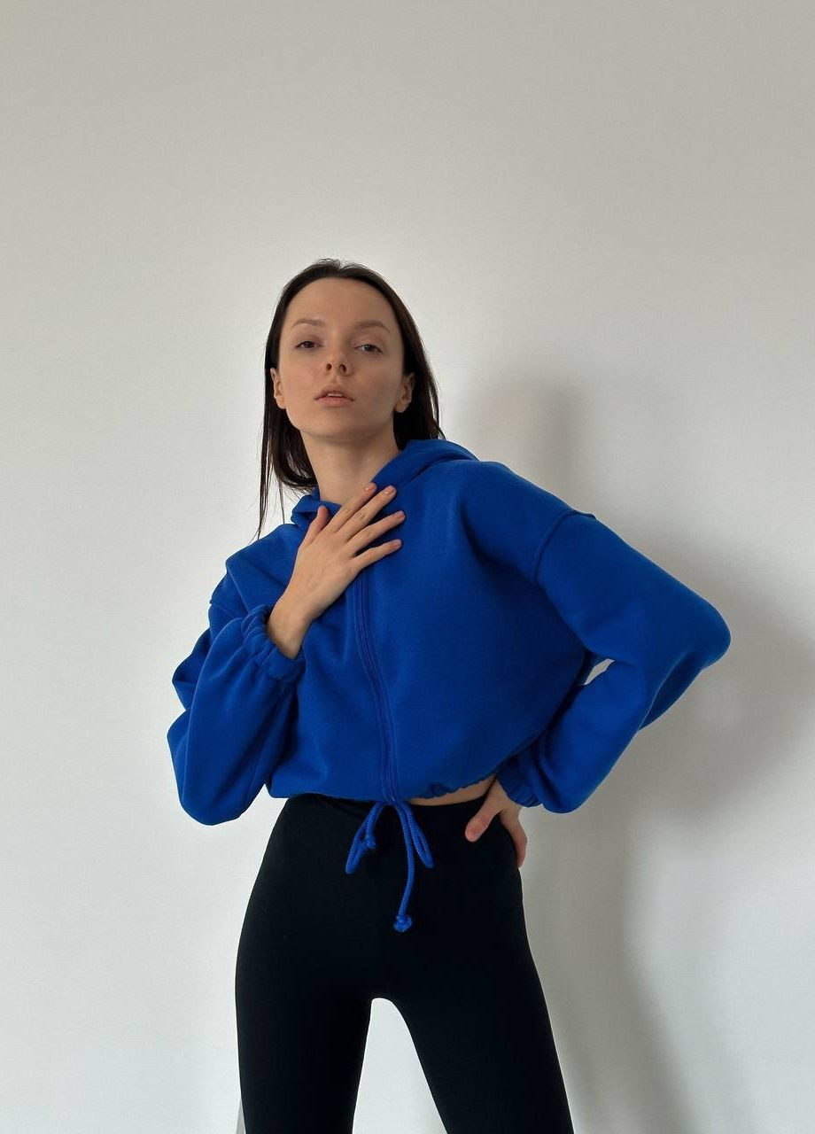 Нежный синий худи на молнии и с завязками которые регулируют его длинну, тёплый худи с манжетами и с капюшоном No Brand с-1529-216 (267085647)