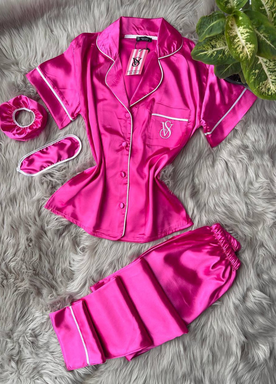 Темно-розовая всесезон шелковая пижама с логотипом victoria's secret рубашка + брюки Vakko