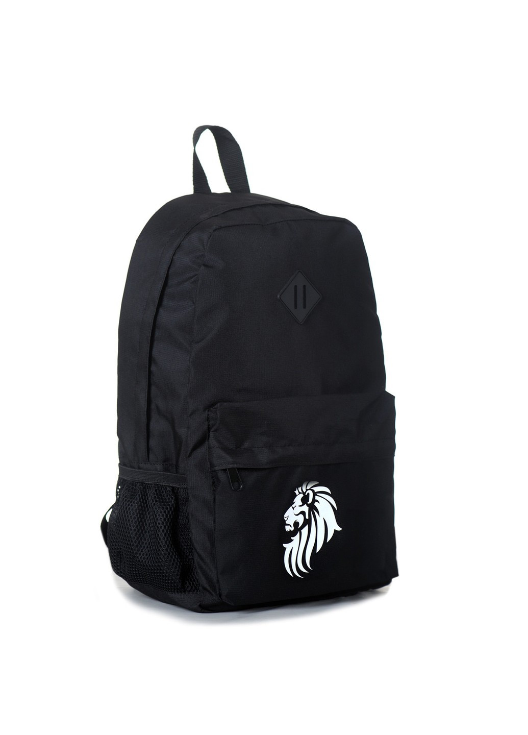 Однотонний міцний тканинний рюкзак чорного кольору з білим малюнком лева з бічними кишенями. No Brand (258591319)