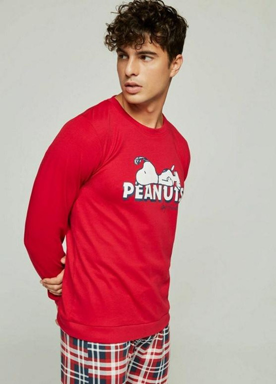 Пижама мужская футболка с длинным рукавом на манжетах и брюки S Красный в клетку с принтом Snoopy Peanuts 2-1855 Gisela (257979388)