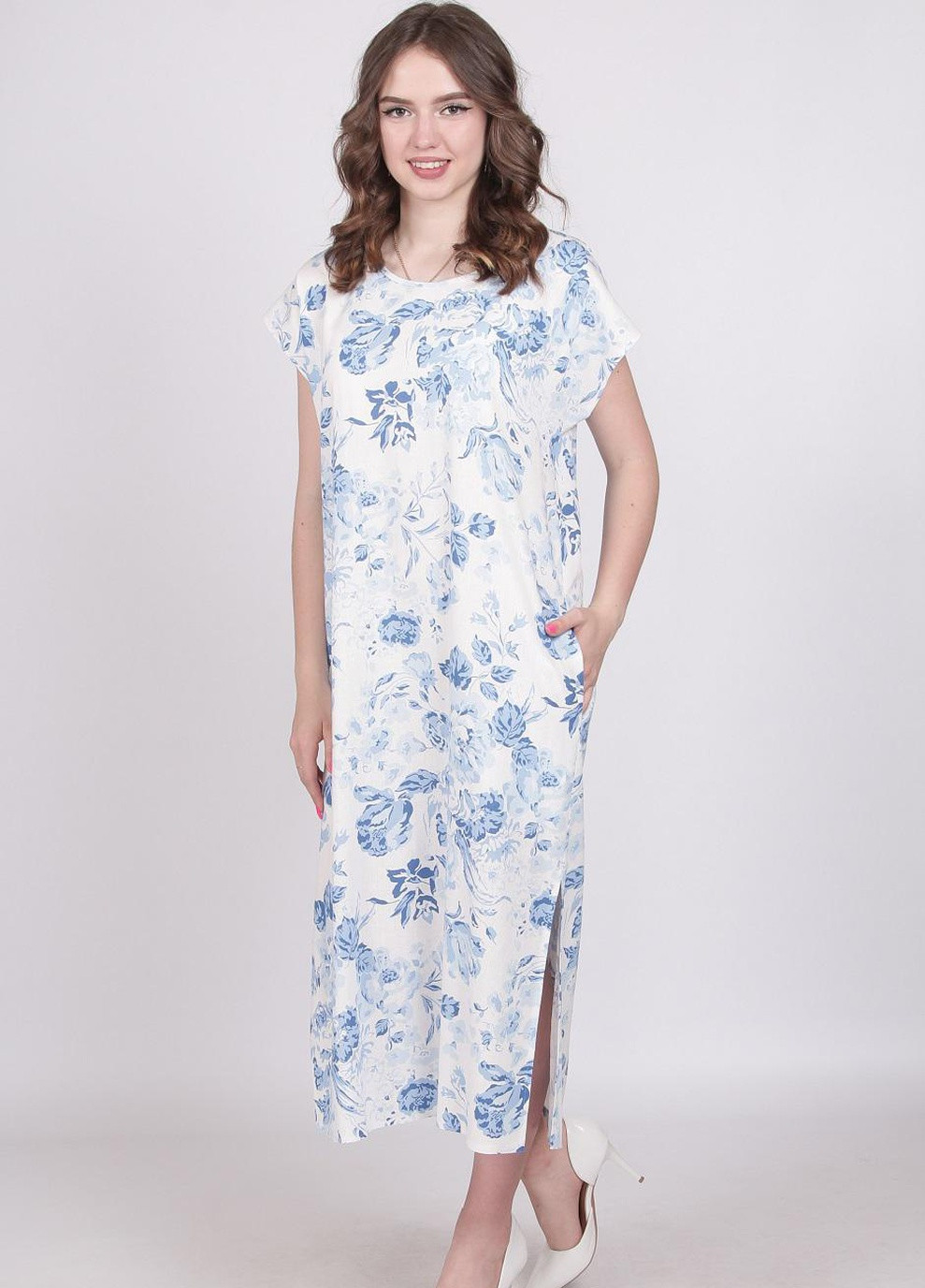 Білий кежуал сукня подовжене 063 блакитний льон білий Актуаль