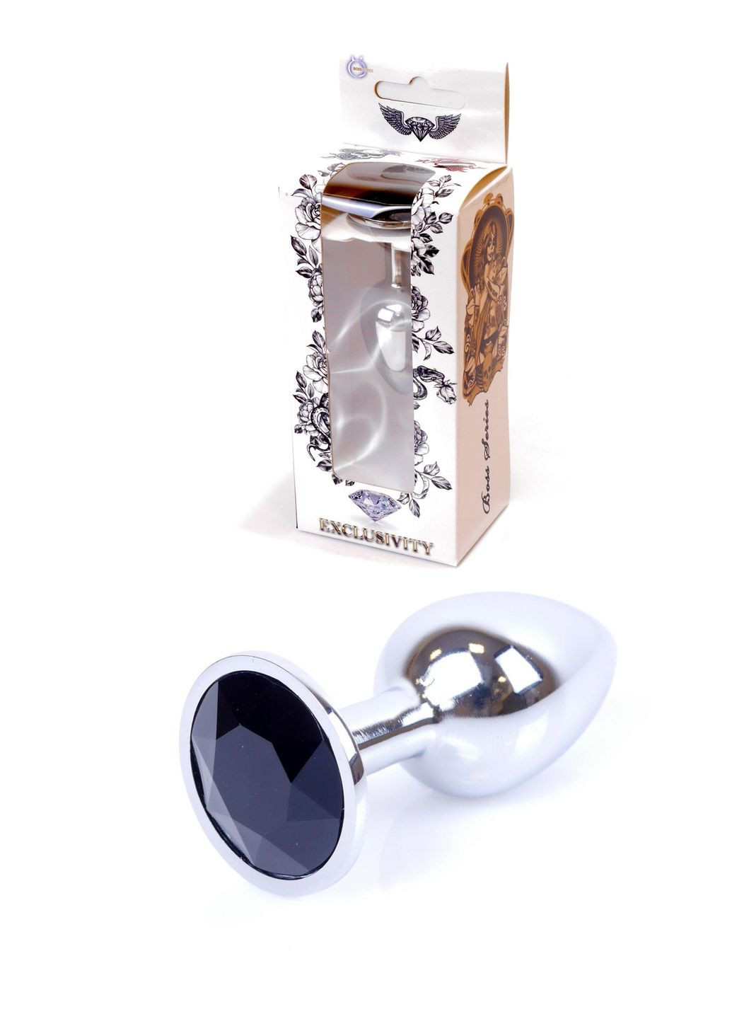 Металлическая анальная пробка с кристаллом Jewellery Silver Plug Black, размер S, 7,5х2,8 см. Boss (275332447)