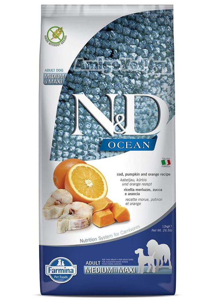 Низкозерновой сухой корм N&D Ocean Adult Medium&Maxi для собак средних и крупных пород с щепкой и апельсином 2.5 кг Farmina (277367435)