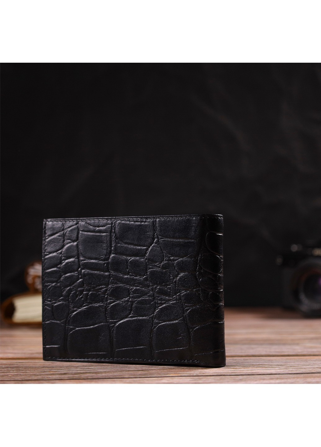 Мужской бумажник без застежки горизонтального формата из натуральной кожи с тиснением под крокодила 21766 Черный Canpellini (259874088)