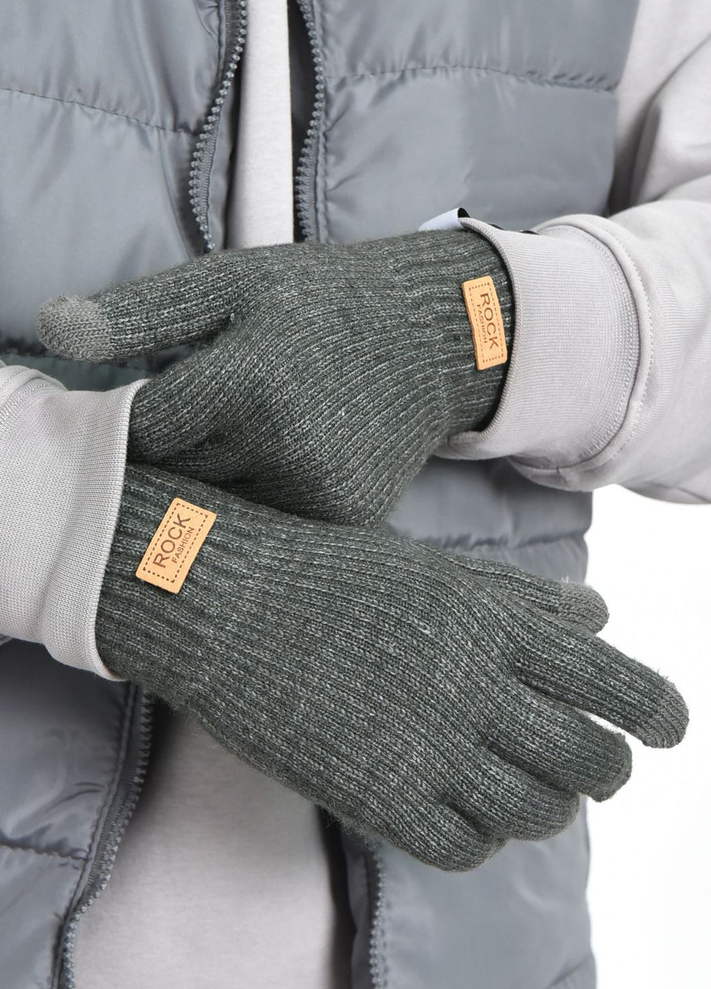 Перчатки мужские сенсорные с утеплителем темно-зеленого цвета Let's Shop (275466377)