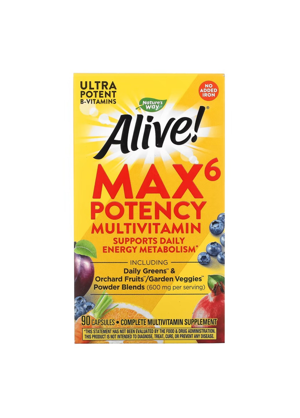 Мультивитамины с Натуральными Овощами и Фруктами (без Железа) Alive! Max6 Daily Multivitamin (No-Iron) – 90 вег.капсул Nature's Way (278006723)