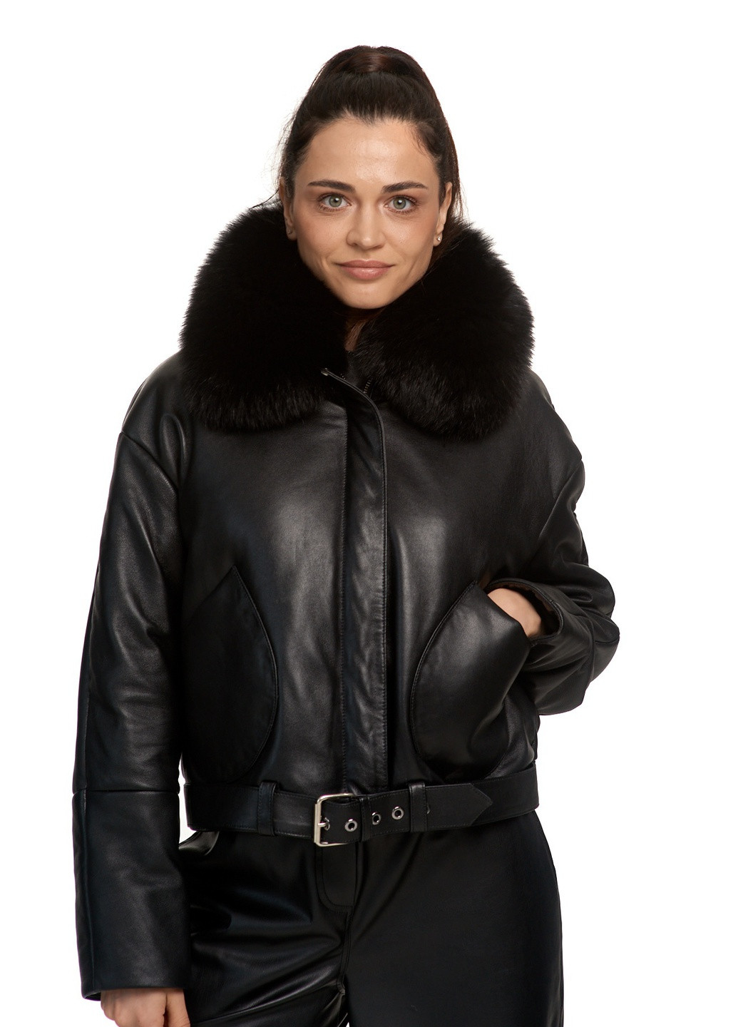 Чорна демісезонна пуховик куртка оверсайз oversize утеплена натуральна шкіра з натуральним зйомним хутром silver fox. весна осінь зима fb-2 чорна Actors
