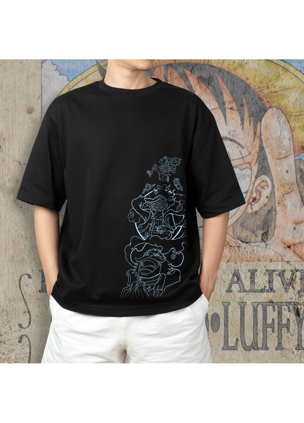 Чорна футболка з принтом ван піс - luffy sun god No Brand