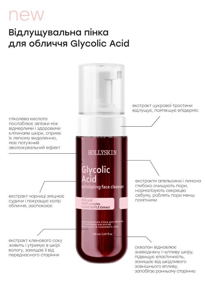 Відлущувальна пінка для обличчя з гліколевою кислотою Glycolic Acid Exfoliating Face Cleanser, 150 мл Hollyskin (263349944)