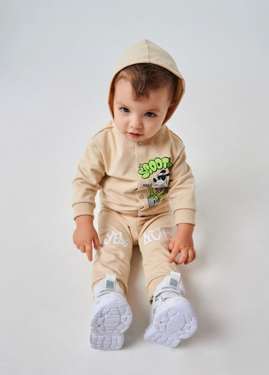 Бежевий дитячий костюм (кофта + штанці) | 95% бавовна | демісезон | 80, 86 | малюнок собачка на скутері бежевий Smil