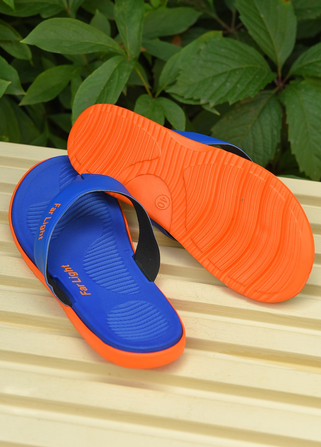 Синие пляжные вьетнамки мужские синего цвета с оранжевой подошвой Let's Shop