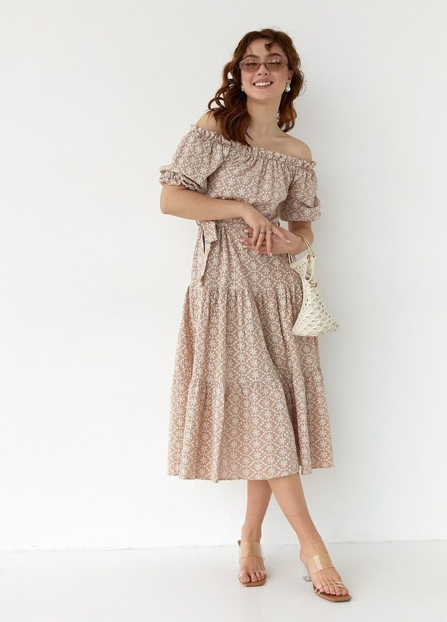 Кофейное откровенный летнее платье миди с открытыми плечами - кофейный Lurex
