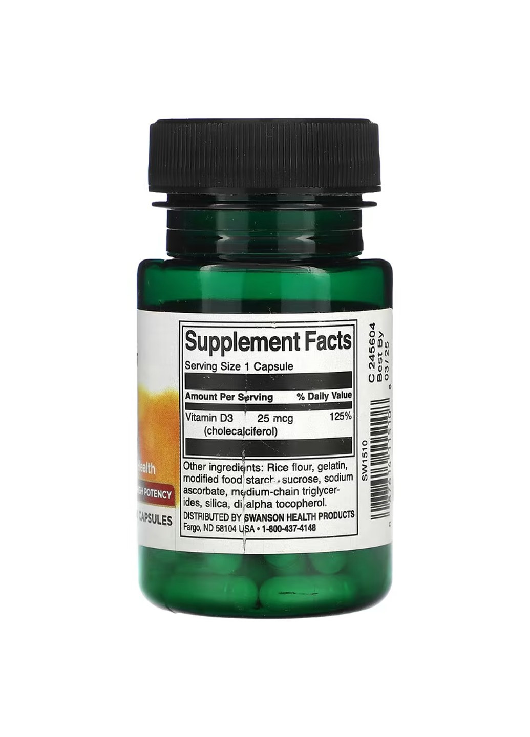 Витамин D3 Vitamin D3 High Potency 1,000 IU (25 мкг) - 60 капсул Swanson (271823055)