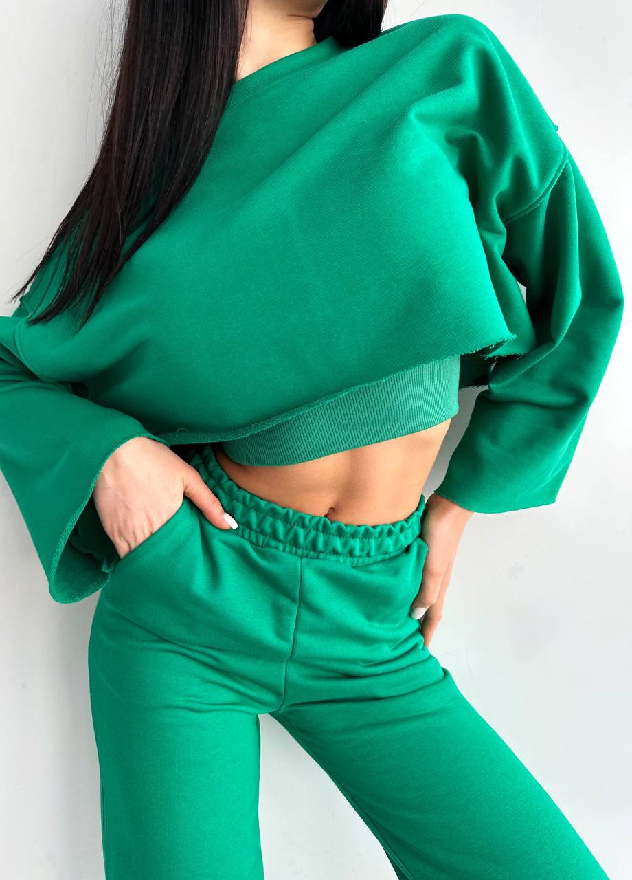 Аутфит женский спорт костюм тройка брюки кюлоты+топ+свитшот L/XL зеленые Rocamoon (257901903)