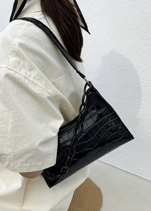 Жіноча маленька сумочка через плече багет рептилія крокодиляча шкіра чорна No Brand (259470399)