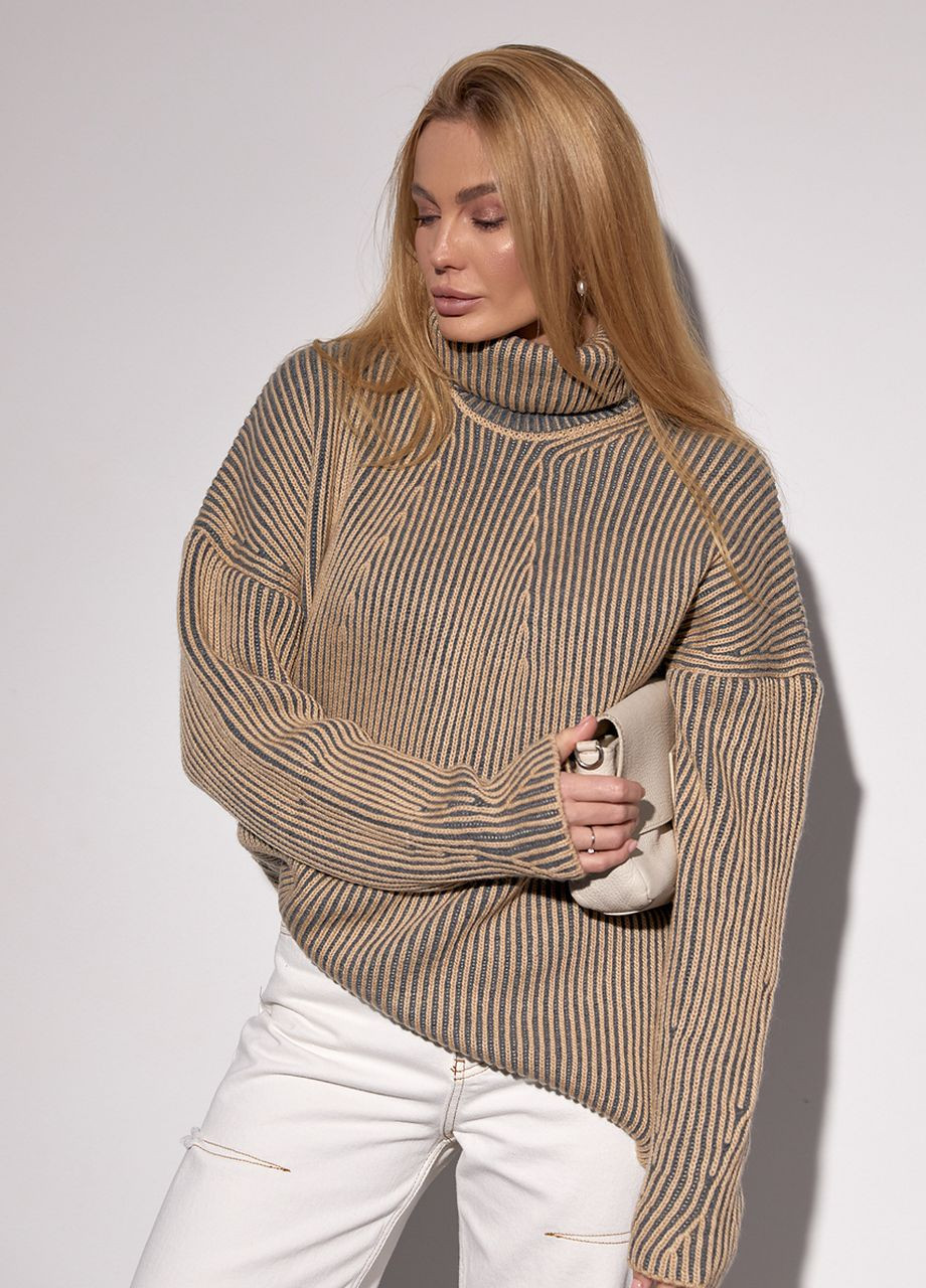 Кавовий зимовий жіночий в'язаний светр оверсайз з візерунком у рубчик - кавовий Lurex