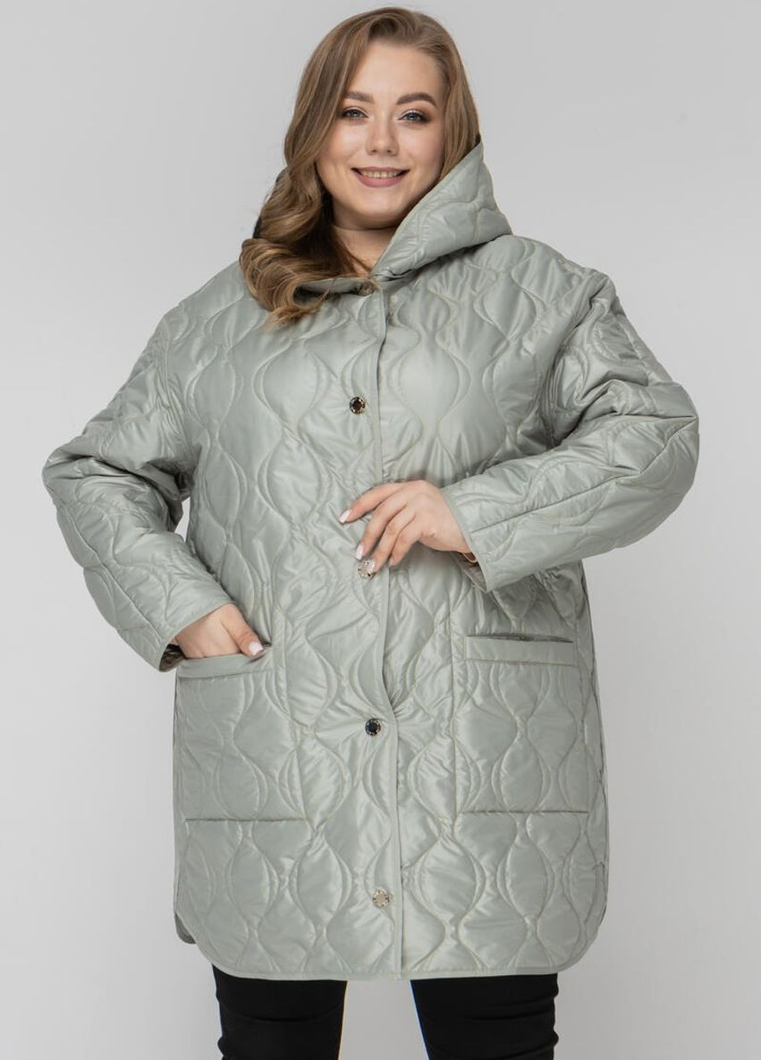 Оливковая демисезонная демисезонная двухсторонняя женская удлененная куртка с капюшоном DIMODA Жіноча куртка від українського виробника