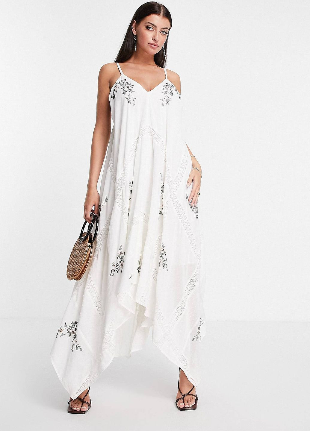 Белое платье мидакси хлопковое с цветочной вышивкой Asos