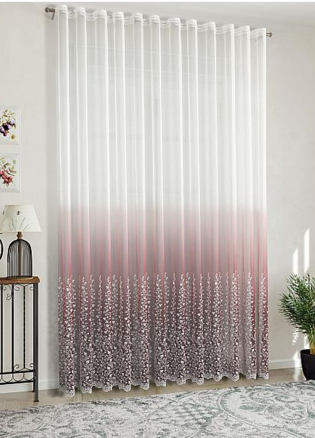 Готовый тюль фатин с вышивкой, градиент вишневый, ширина 250 см, высота 230 см No Brand (259215352)