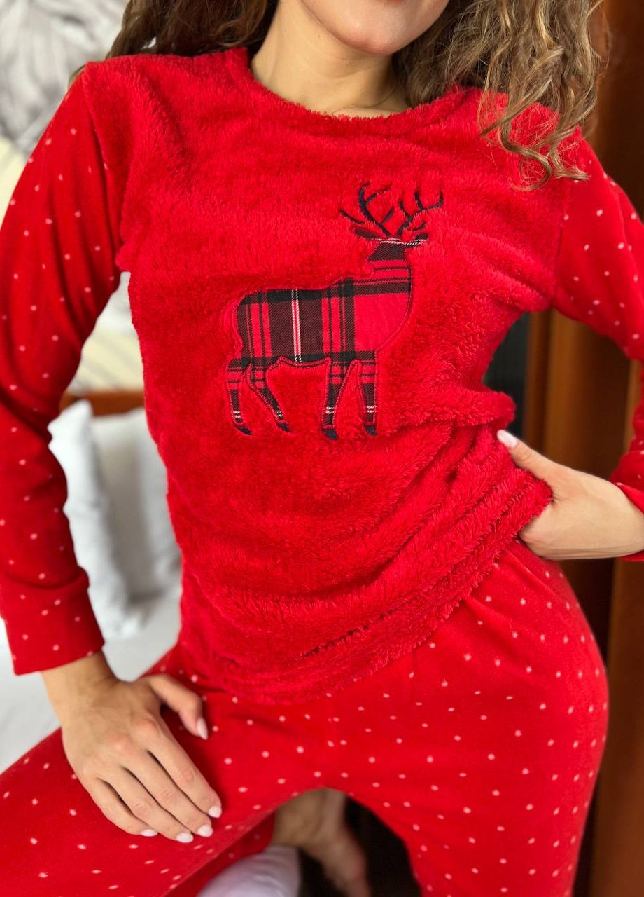Красная зимняя теплая яркая пижама с оленем кофта + брюки Vakko