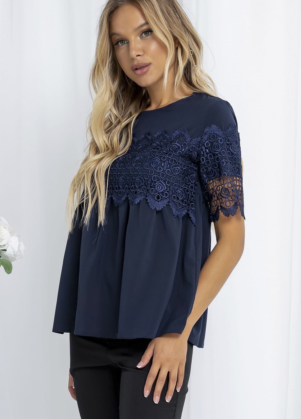 Бирюзовая летняя блуза женская темно-синего цвета на запах Let's Shop