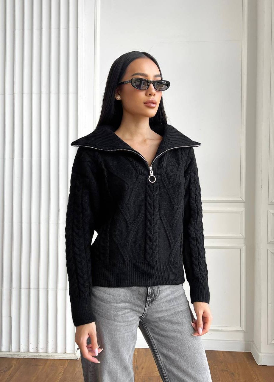 Черный женский свитер с v-образным воротником и молнией цвет черный р.42/46 445972 New Trend