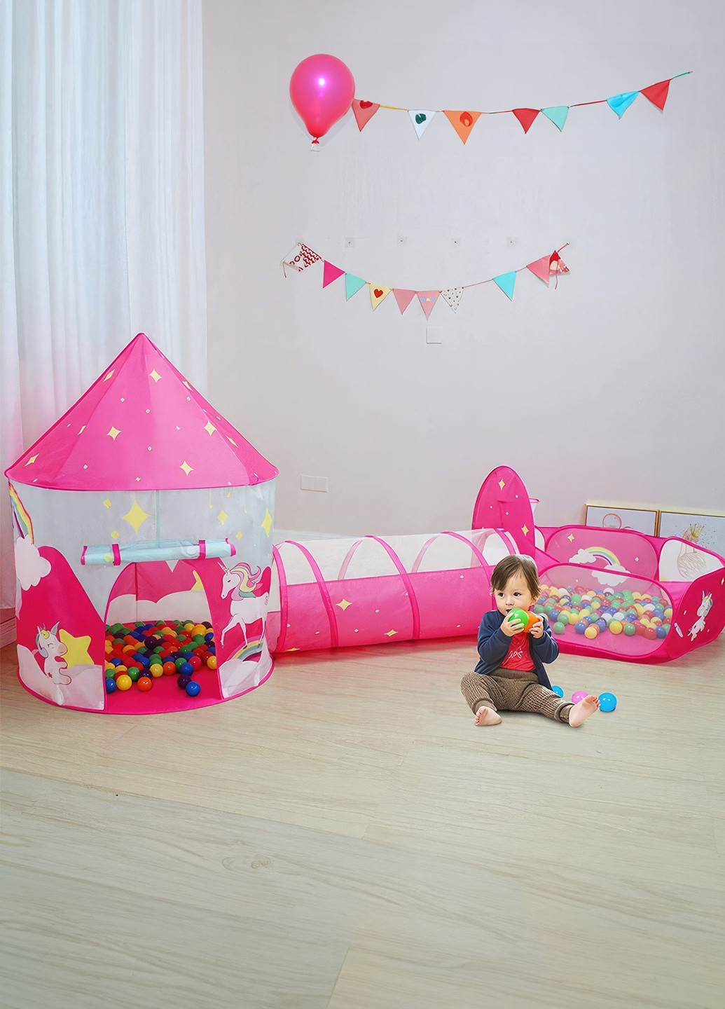 Палатка детская игровая Единорог / большая детская палатка с тоннелем и сухим бассейном / домик с единорогом для детей Розовый DobraMAMA (259925591)