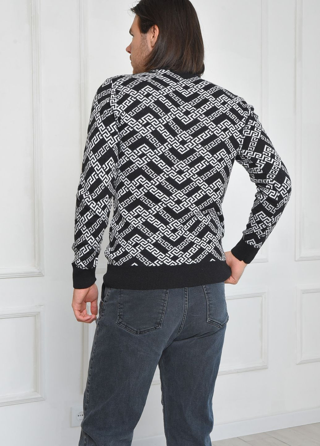 Чорний зимовий светр чоловічий чорно-білого кольору пуловер Let's Shop