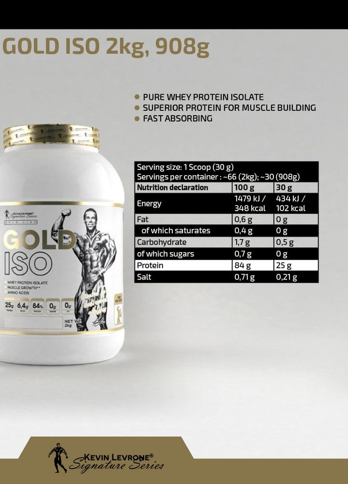 Протеин изолят Gold ISO 908 g (Snikers) Kevin Levrone (258691612)