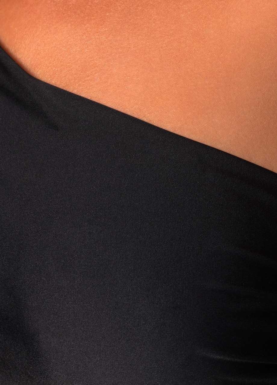 Чорний купальник роздільний жіночий біфлекс топ на одне плече із високими плавками чорний Maybel
