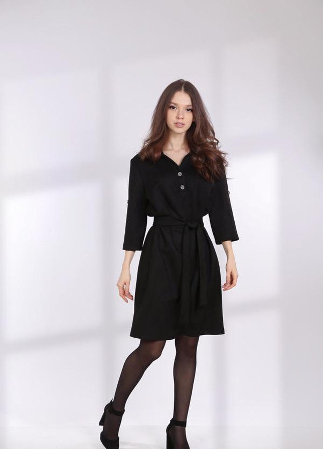 Черное кэжуал платье женское 065 однотонный искуственный замш черный Актуаль