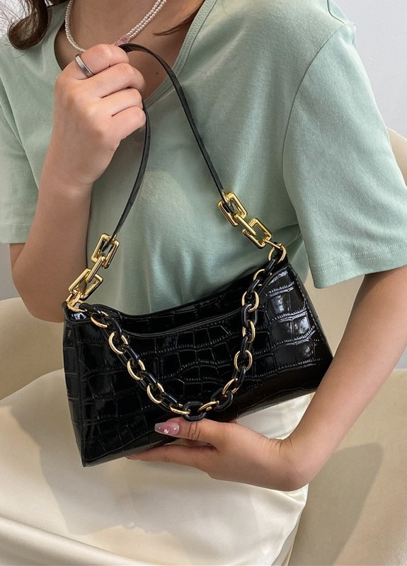 Жіноча маленька сумка рептилія багет крокодиляча шкіра чорна No Brand (259471132)