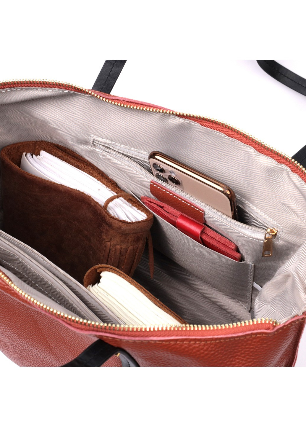 Вместительная двухцветная женская сумка из натуральной кожи 22301 Коричневая Vintage (276461672)