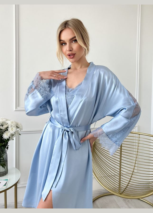 Комплект халат и рубашка комбинация шелк Генуя L Голубой Silk Kiss (285716685)