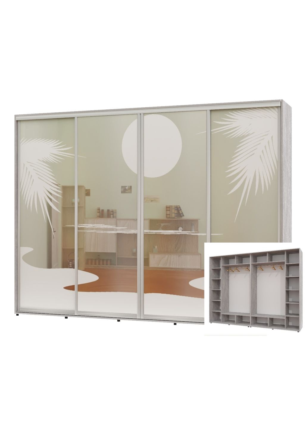 Шафа-купе чотиридверна 300*60*240 Індастріал Дзеркало з піскострумним малюнком Алекса (360471127)