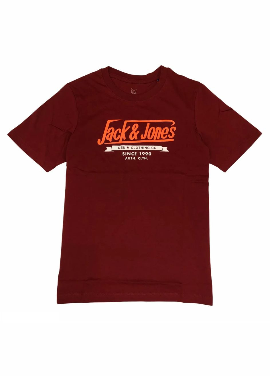 Бордова демісезонна футболка для хлопця 12173882 бордова з оранжевим написом (140 см) Jack & Jones