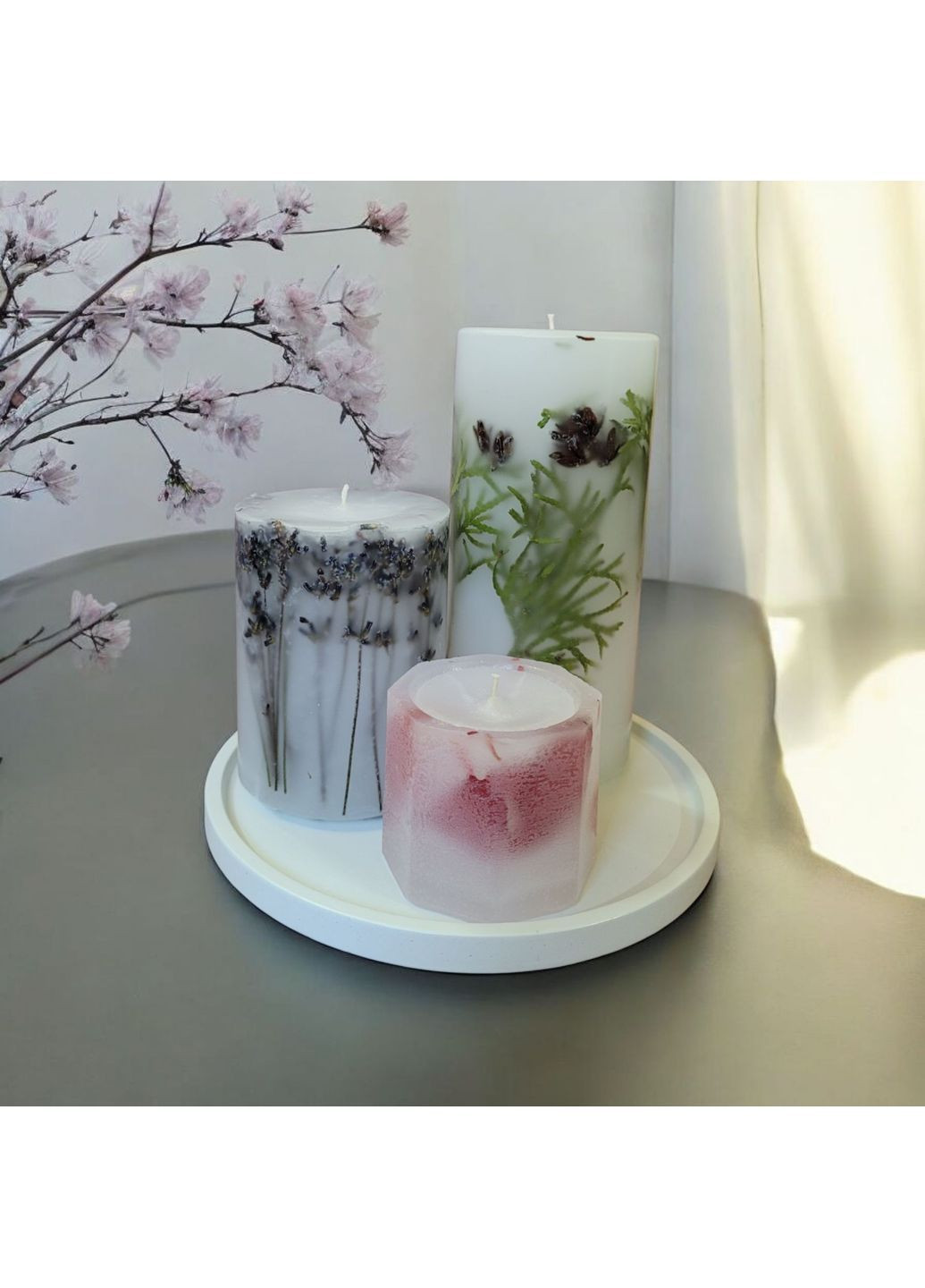 Набір декоративних свічок ручної роботи свічки ароматичні у наборі з 3 шт на підставці з гілочками хвої, лаванди та листям Handmade Studio - AV (368862890)