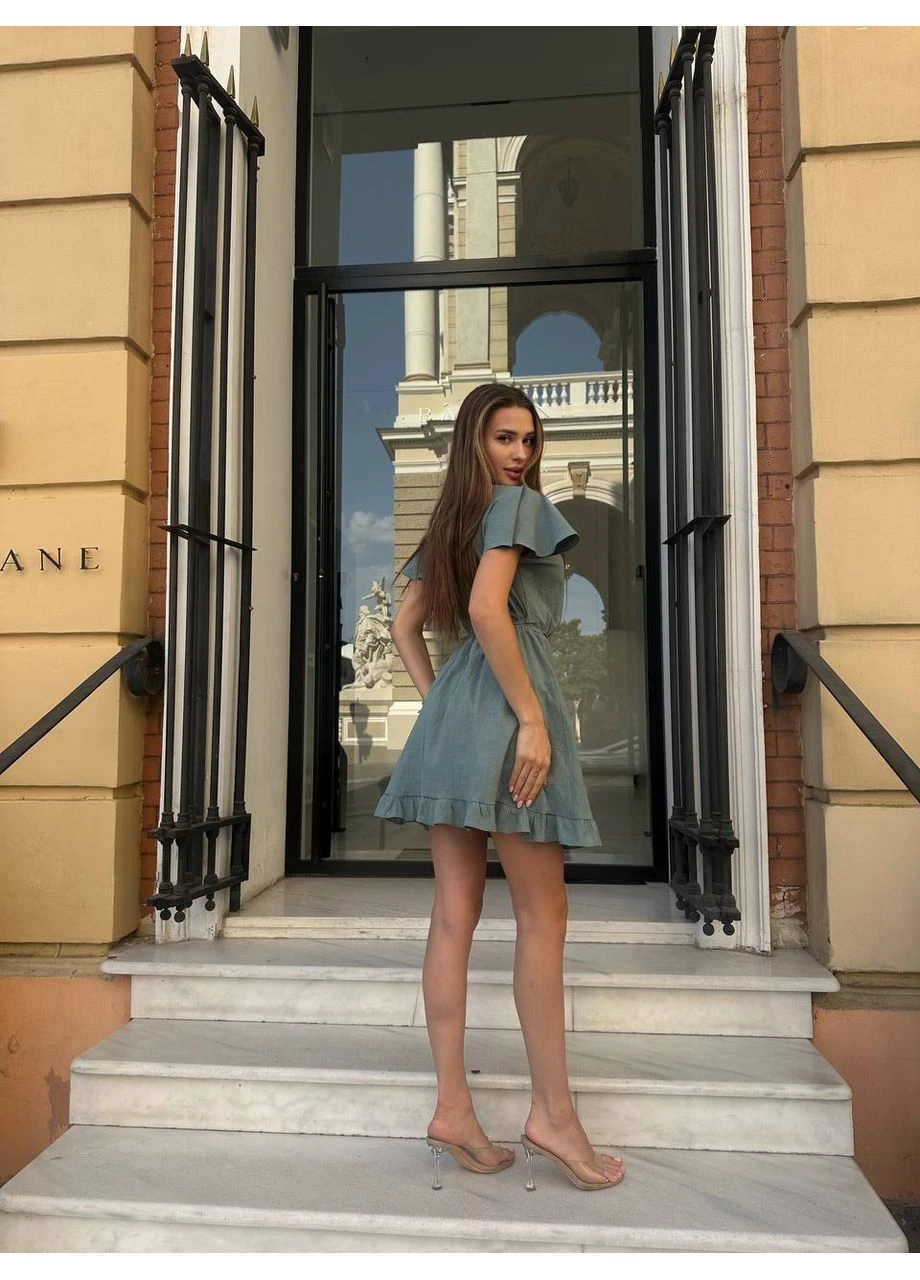 Оливкова повсякденний, кежуал, пляжна льняний сарафан на запах на запах Nositi однотонна