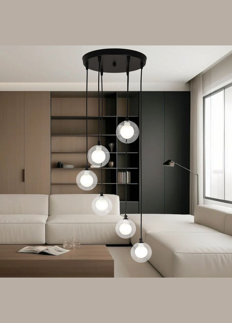 Черная люстра с двойными плафонами на 6 ламп (61-P1006F-6 BK+CLWH 300) No Brand (370072006)