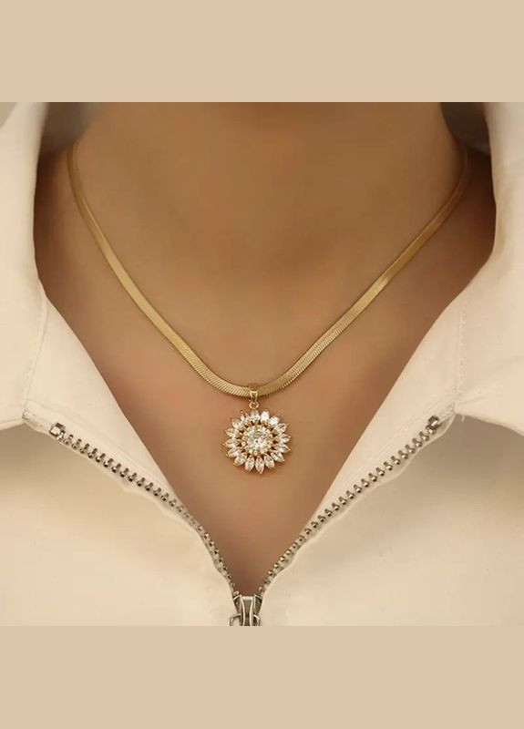 Золотистый кулон на цепочке титановая сталь в виде Подсолнуха со стразами 45 см Liresmina Jewelry (333193979)