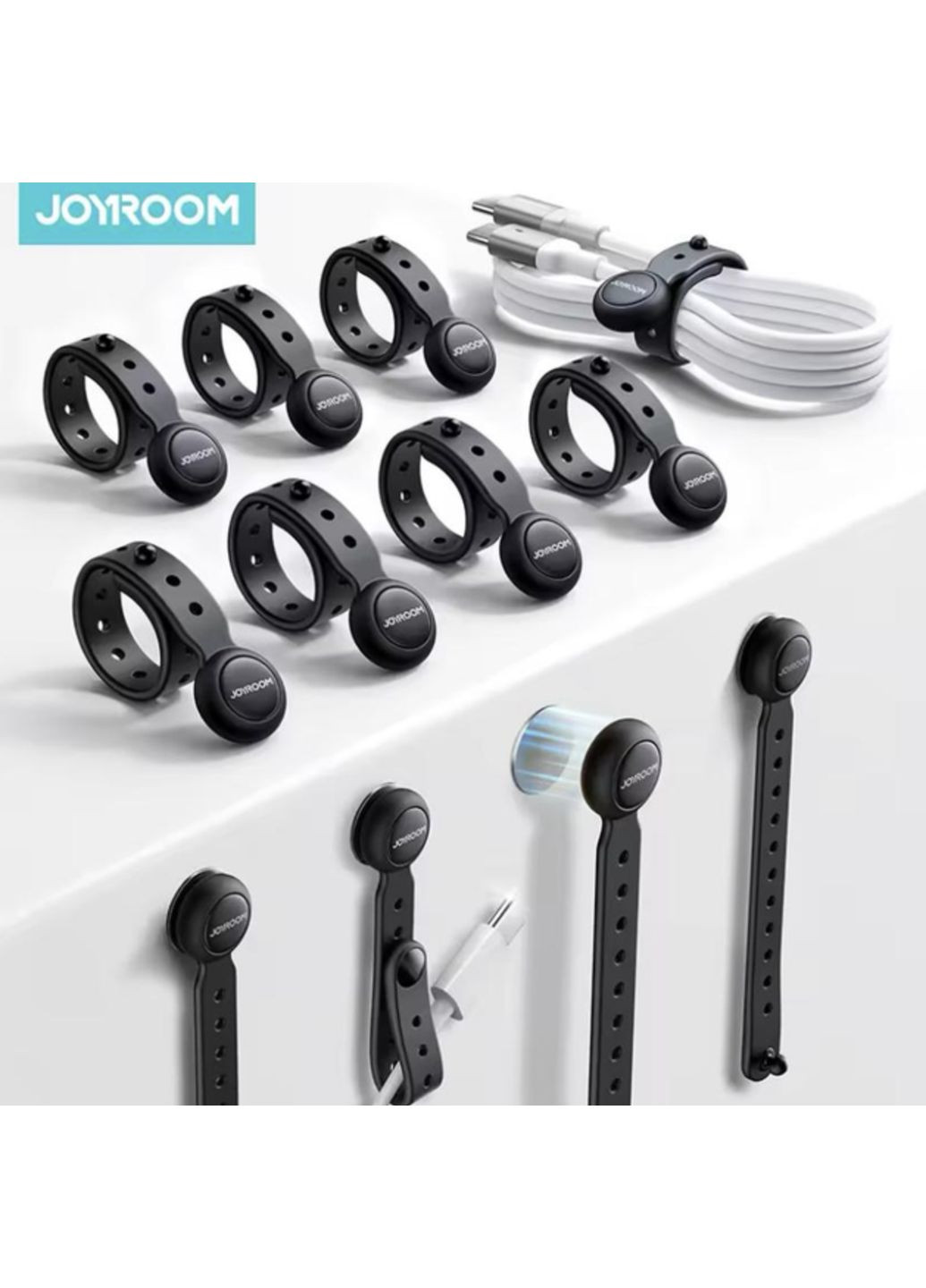 Органайзер-фіксатор кабелю магнітні тримачі для дротів стяжка хомут кліпса 12 шт Чорний Joyroom (358934999)