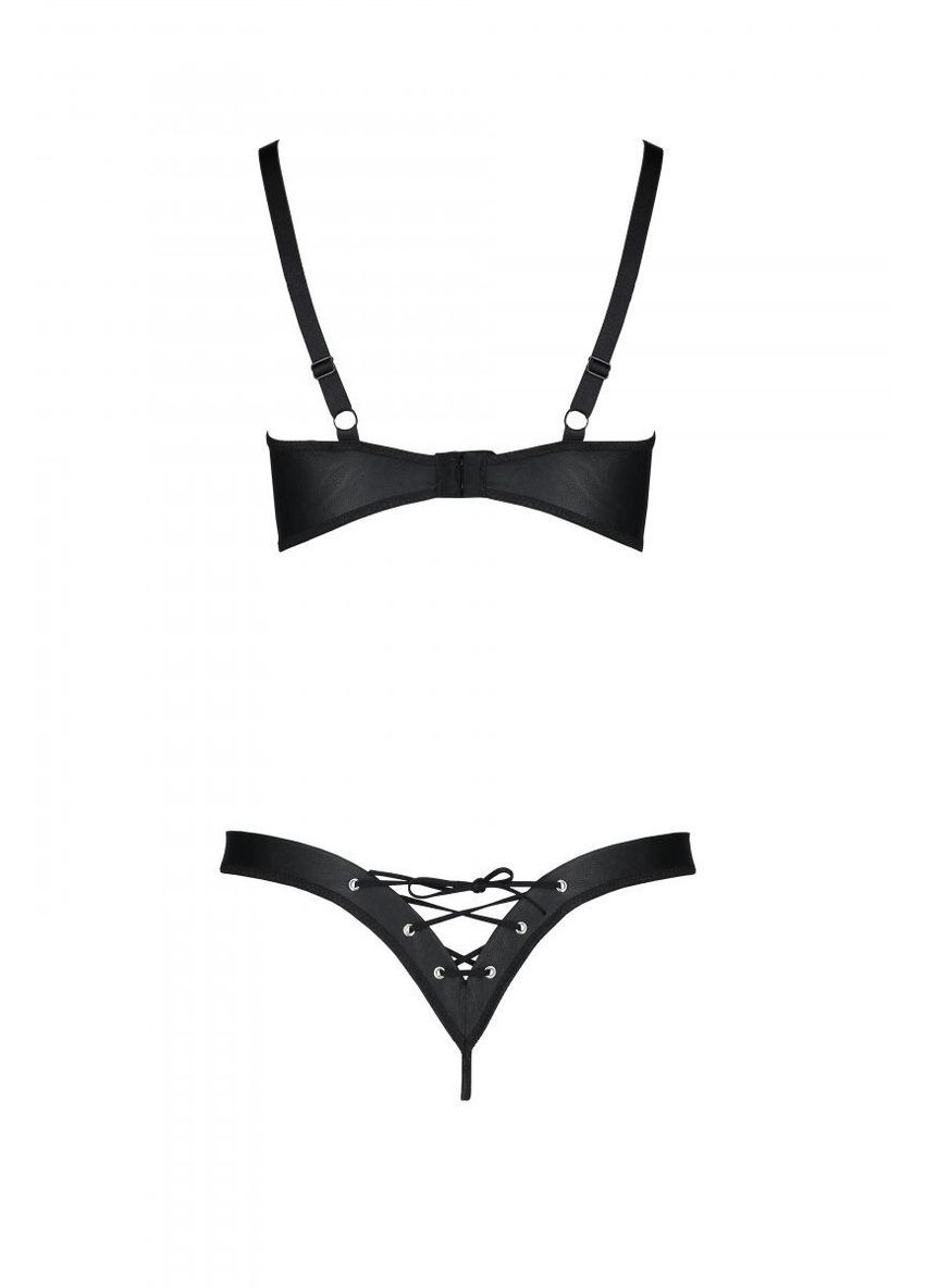 Чорний демісезонний комплект з екошкіри celine bikini black: відкритий бра зі стрічками, стрінги зі ш Passion