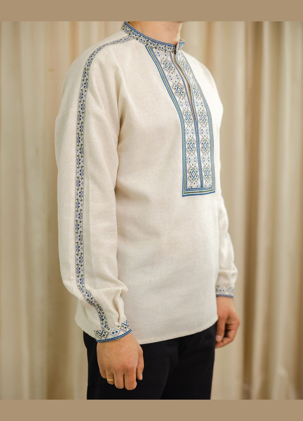 Светло-бежевая вышиванка мужская, рубашка вышиванка сокол, рубашка вышитая узор орнамент прямой вискоза, лен (334001039)