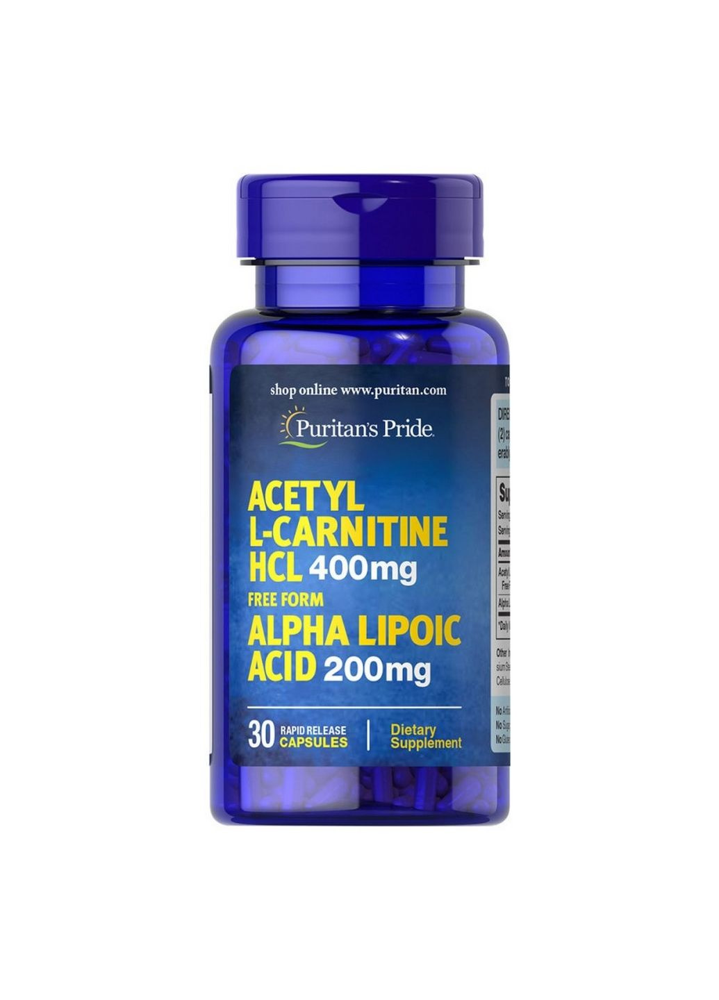 Жиросжигатель Acetyl L-Carnitine 400 mg with Alpha Lipoic Acid 200 mg, 30 капсул Puritans Pride (293418471)