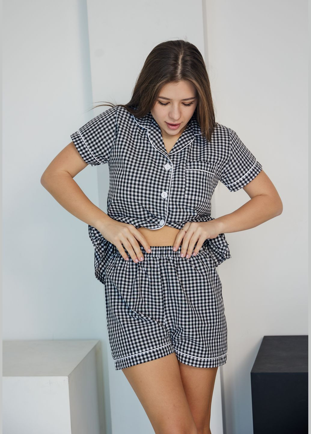 Темно-серая всесезон пижама женская рубашка и шорты, хлопок рубашка + шорты No Brand піжама