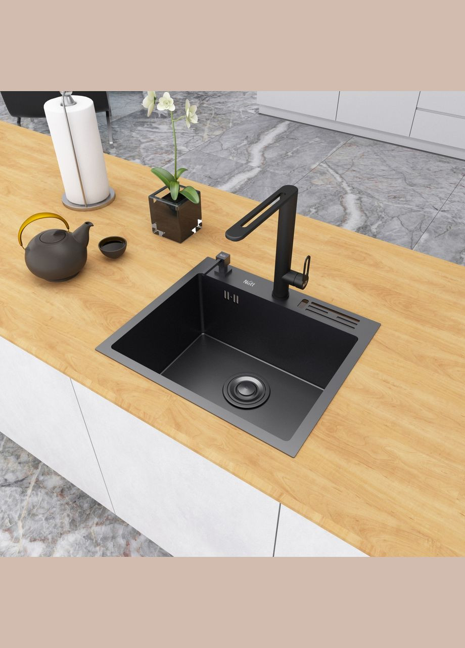 Черная кухонная мойка 45 см накладная из нержавейки NВ-5245 Nett (336939077)