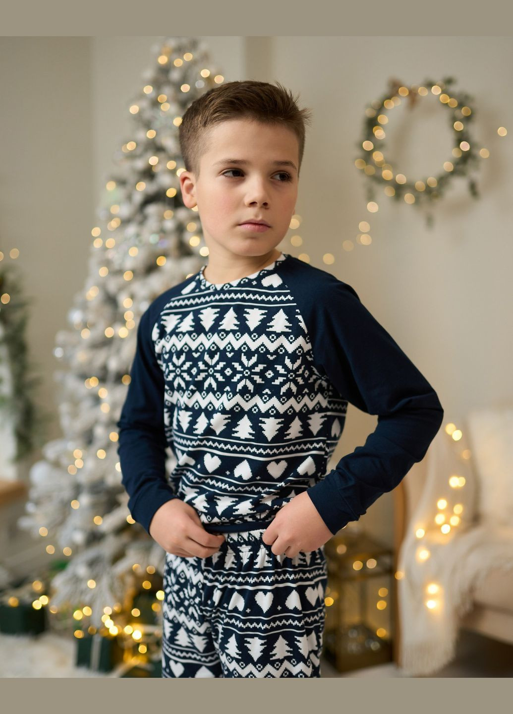Темно-синя зимня піжама дитяча для хлопчика з різдвяним принтом в синьому кольорі, комплект піжамний дитячий, family look кофта + брюки Tom John