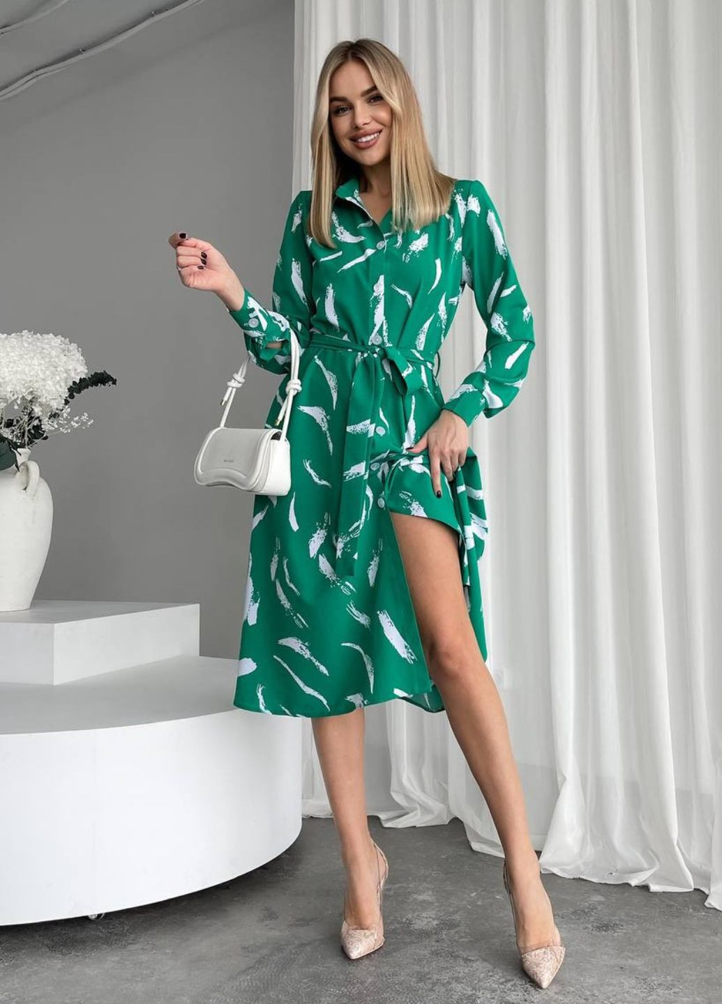 Зеленое повседневный роскошное повседневное платье No Brand с абстрактным узором