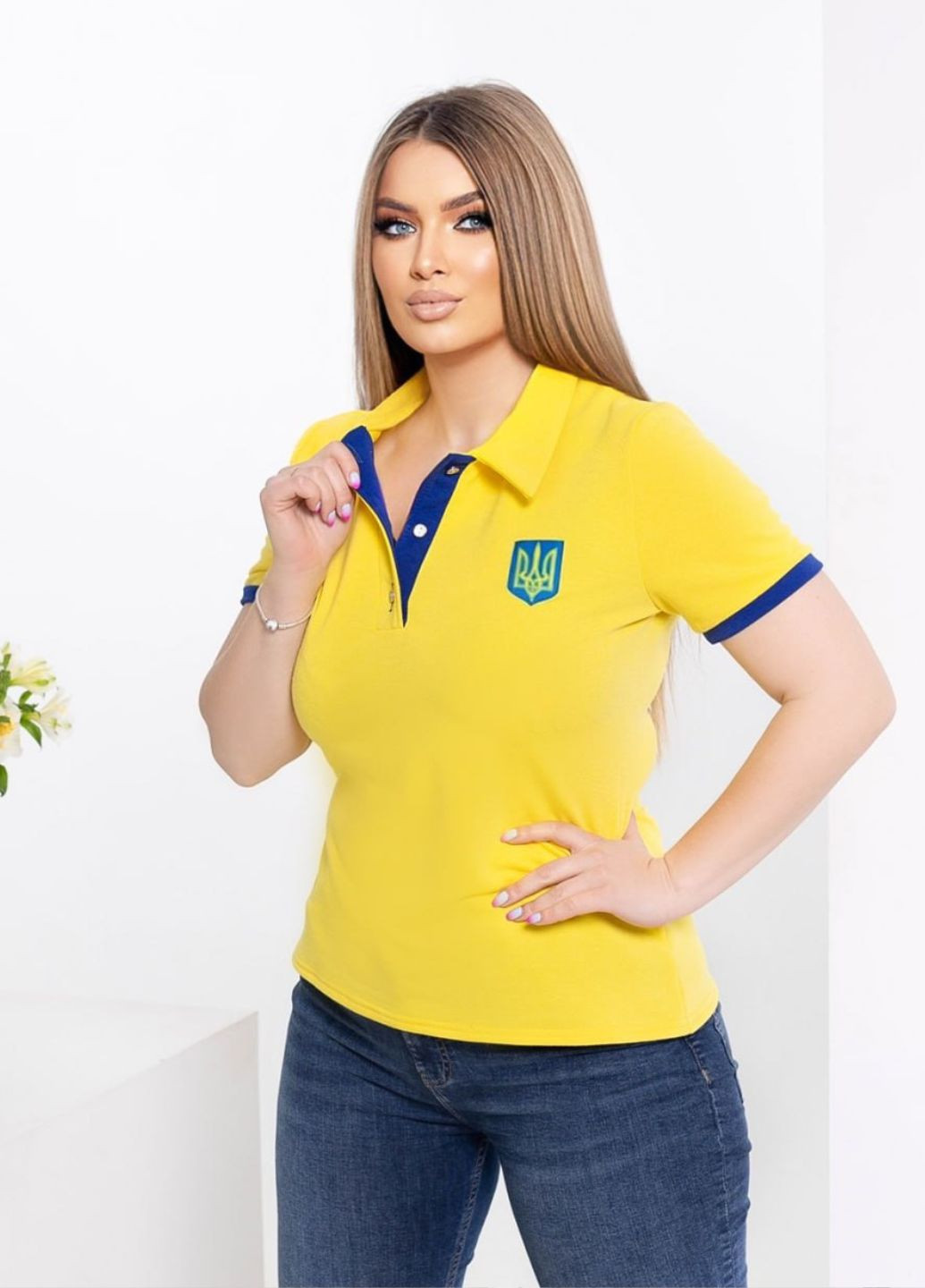 Желтая летняя женская футболка поло с коротким рукавом No Brand