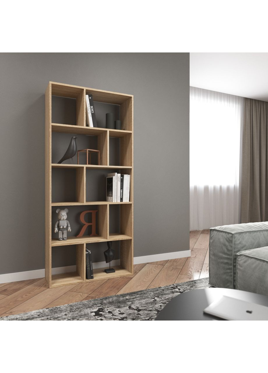 Стеллаж D-1 Дуб сонома, книжная полка на 10 ячеек, ЛДСП, 80×30×178 см — для дома, гостиной, офиса VAYS (373315134)
